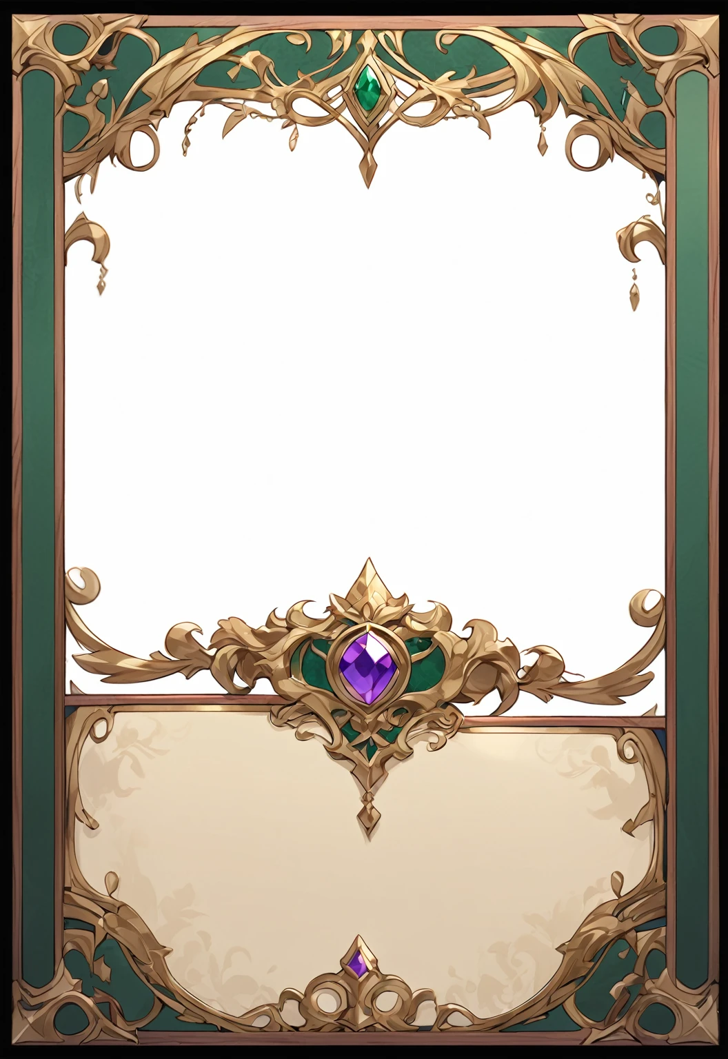 A card border UI,Medieval European aristocracy design,Noble and elegant dark style,Redwood frame,Parchment backing,There are blood stains on it。Deep Red、Emerald Green、Gold main tone。