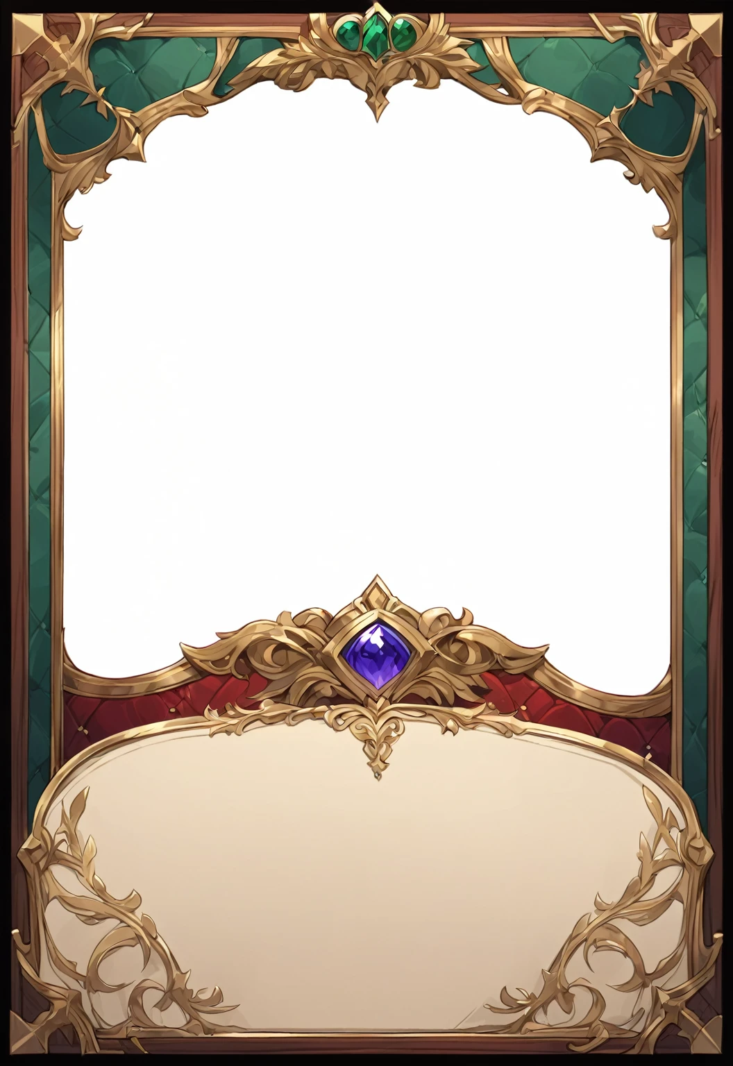 A card border UI，Medieval European aristocracy design，Noble and elegant dark style，Redwood frame，Parchment backing，There are blood stains on it。Deep Red、Emerald Green、Gold main tone。
