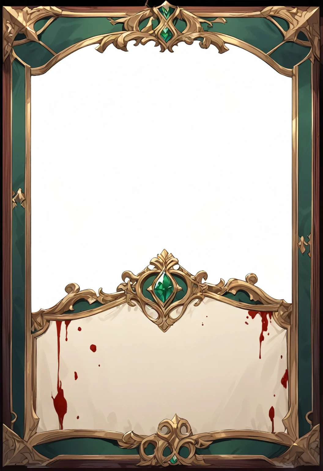 A card border UI,Medieval European aristocracy design,Noble and elegant dark style,Redwood frame,Parchment backing,There are blood stains on it。Deep Red、Emerald Green、Gold main tone。