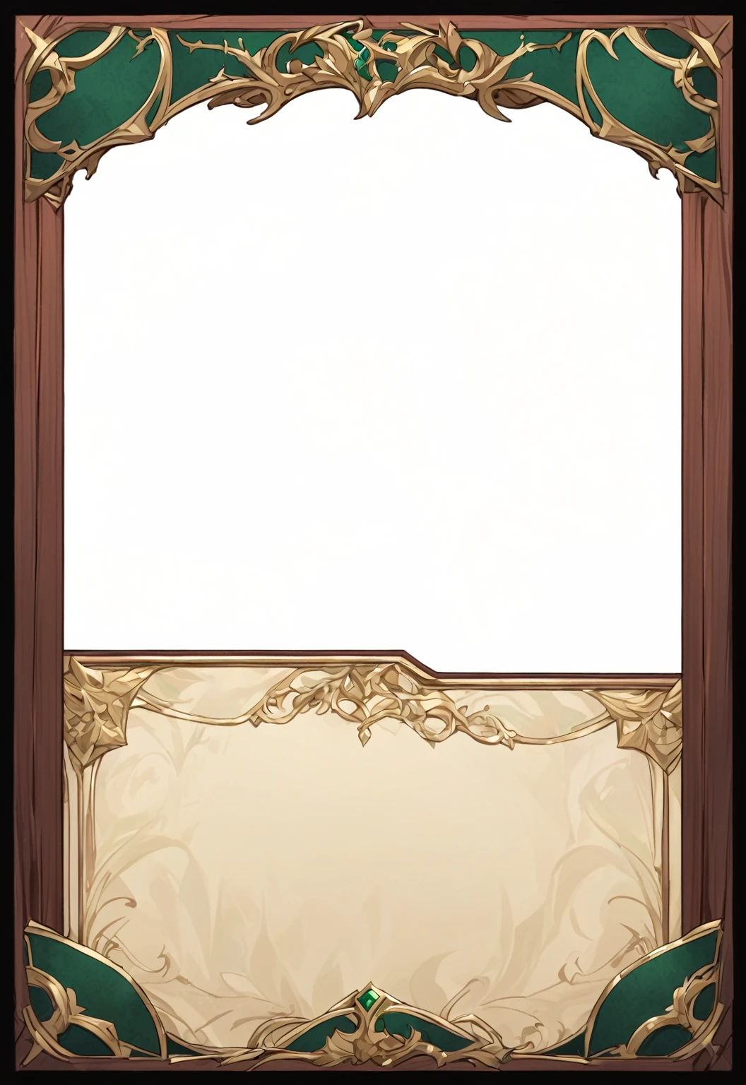 A card border UI,Medieval European aristocracy design,Noble and elegant dark style,Redwood frame,Parchment backing,There are blood stains on it。Deep Red、Emerald Green、Gold main tone。