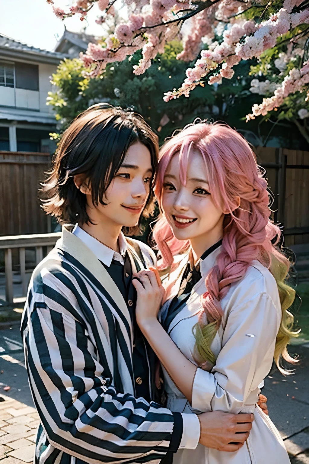 A school uniform with an open chest、Pink and green hair gradient、smile、Mole under both eyes、Background is cherry blossoms、Real、Realistic、Kappuru、couple looking at each other、male、Striped Haori、Man and woman couple、maleの髪は肩まである、Man and woman couple、Laughing couple、