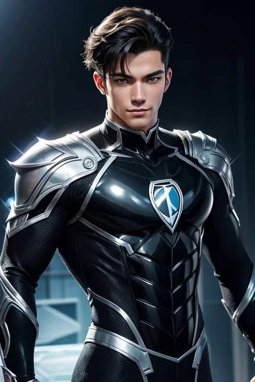 Half body focus photorealistic handsome hunky fractal masculine Teen titans Robin.. wearing a black onyx transparent crystal chrome glass super suit , look at camera, detailed face parts,, studio as background, Freestyle Pose, Happy Expression, perfect anatomy, symmetric body,, 18 years old,  :: high detail, a lean athletic body, realistic, human skin, extremely detailed fingers,  chad chin,, masculine, human skin, (eyes contact), gorgeous, Attractive. super bulges
