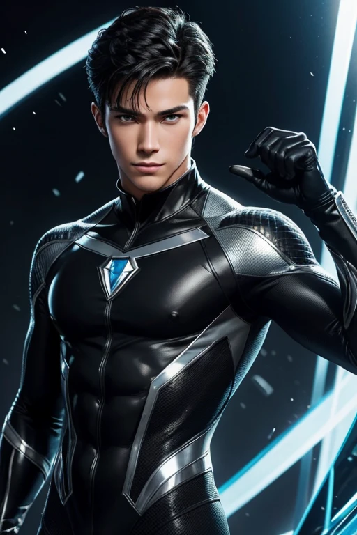 Half body focus photorealistic handsome hunky fractal masculine Teen titans Robin.. wearing a black onyx transparent crystal chrome glass super suit , look at camera, detailed face parts,, studio as background, Freestyle Pose, Happy Expression, perfect anatomy, symmetric body,, 18 years old, :: high detail, a lean athletic body, realistic, human skin, extremely detailed fingers, chad chin,, masculine, human skin, (eyes contact), gorgeous, Attractive. super bulges