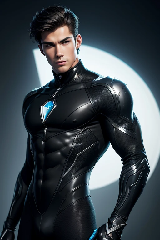 Half body focus photorealistic handsome hunky fractal masculine Teen titans Robin.. wearing a black onyx transparent crystal chrome glass super suit , look at camera, detailed face parts,, studio as background, Freestyle Pose, Happy Expression, perfect anatomy, symmetric body,, 18 years old, :: high detail, a lean athletic body, realistic, human skin, extremely detailed fingers, chad chin,, masculine, human skin, (eyes contact), gorgeous, Attractive. super bulges