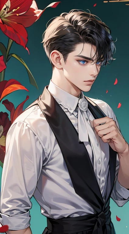 ((masterpiece)),(((best quality))), (detailed light) (detailed shadow), (high quality, breathtaking),(expressive eyes, perfect face), 1man, solo, male, tall, (mature), board shoulder, muscular, short black Quiff hair with Soft Fringe (bangs part on side 3:7 ratio), blue eyes, no smiling, black suit, black tie, Amaryllis flower background, flower petal flying, windy, look at viewer