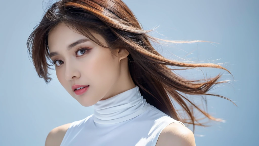 (detailed face),VIVID,normal breasts,pretty,sleeveless and turtle neck white silky clothes,4k ,super high resolution ,(photo-realistic: 1.7),white background,long hair,BAUHAUS,