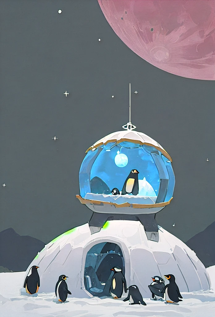 Penguins on moon, igloo in background