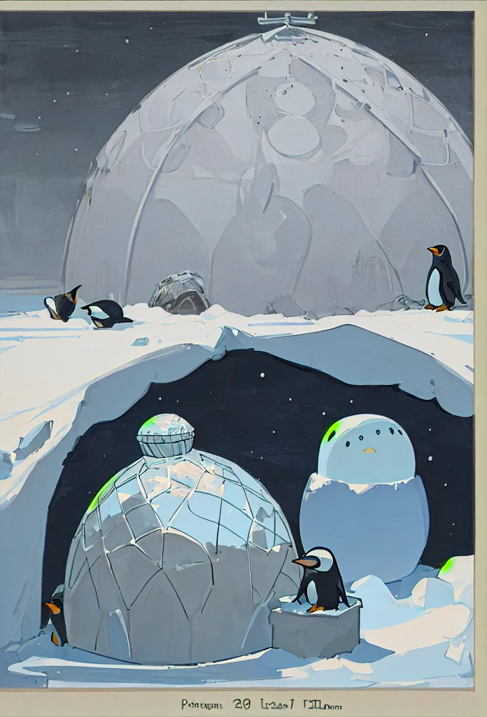 Penguins on moon, igloo in background