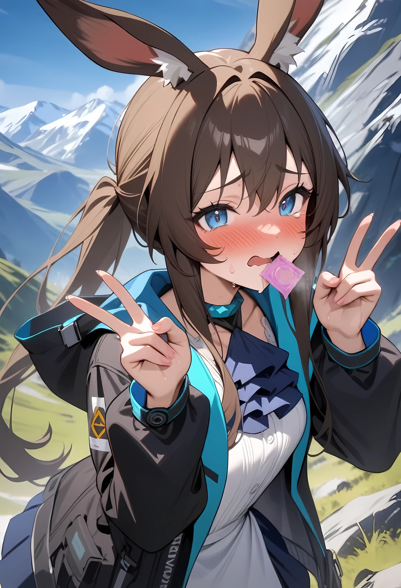 masterpiece, best quality, very aesthetic, absurdres, newest,1girl,upper body,Condom in mouth, double V gesture,blush,tear in eyes,white_sweat in face,embarrassed,cum on face,semen on face,,amiya_(arknights), animal ears, rabbit ears, blue eyes, brown hair, tight medium hair, half-up, long ponytail,black jacket, blue skirt, blue ascot, white dress shirt, fly front, tights,,in the mountain