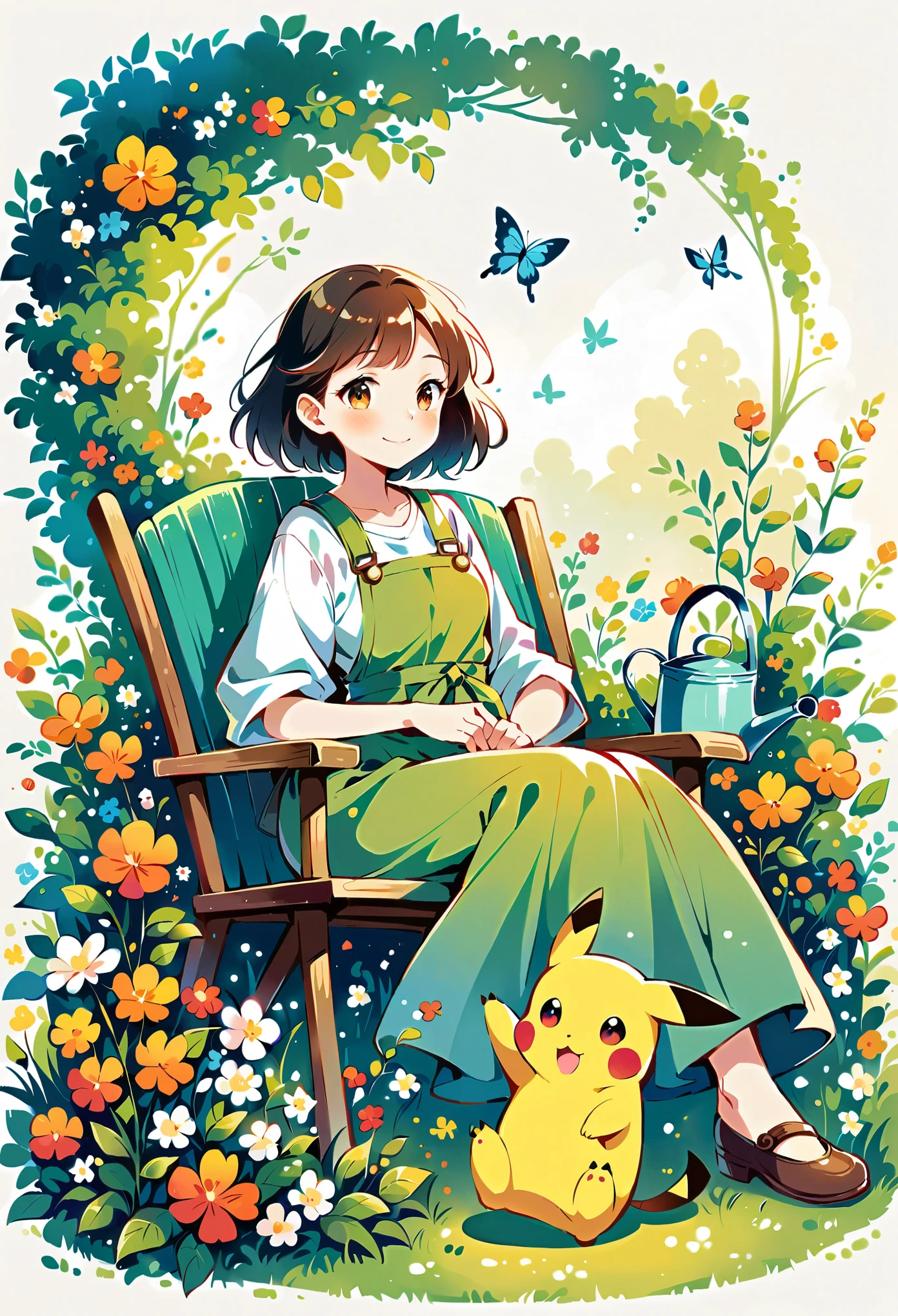 Draw a delightful illustration of Pikachu relaxing in a garden chair. Pikachu should be surrounded by blooming flowers and greenery, sitting comfortably with a smile. Include details like a watering can, garden tools, and butterflies flying around. The overall vibe should be fresh and lively.