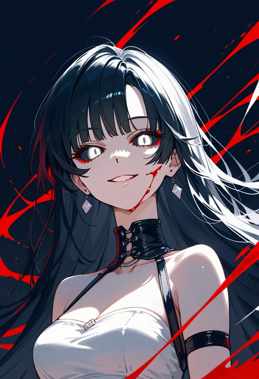 masterpiece, zoom out, score_9, score_8_up, score_7_up, portrait, 1 girl, alone, black hair, long hair, split bangs, white eyes, black sclera, (blood tears, small smile), evil, parted lips, expressionless, Breasts large, upper body, basic V-neck strap dress, black background, best quality