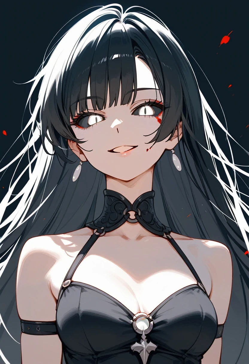 masterpiece, zoom out, score_9, score_8_up, score_7_up, portrait, 1 girl, alone, black hair, long hair, split bangs, white eyes, black sclera, (blood tears, small smile), evil, parted lips, expressionless, Breasts large, upper body, basic V-neck strap dress, black background, best quality