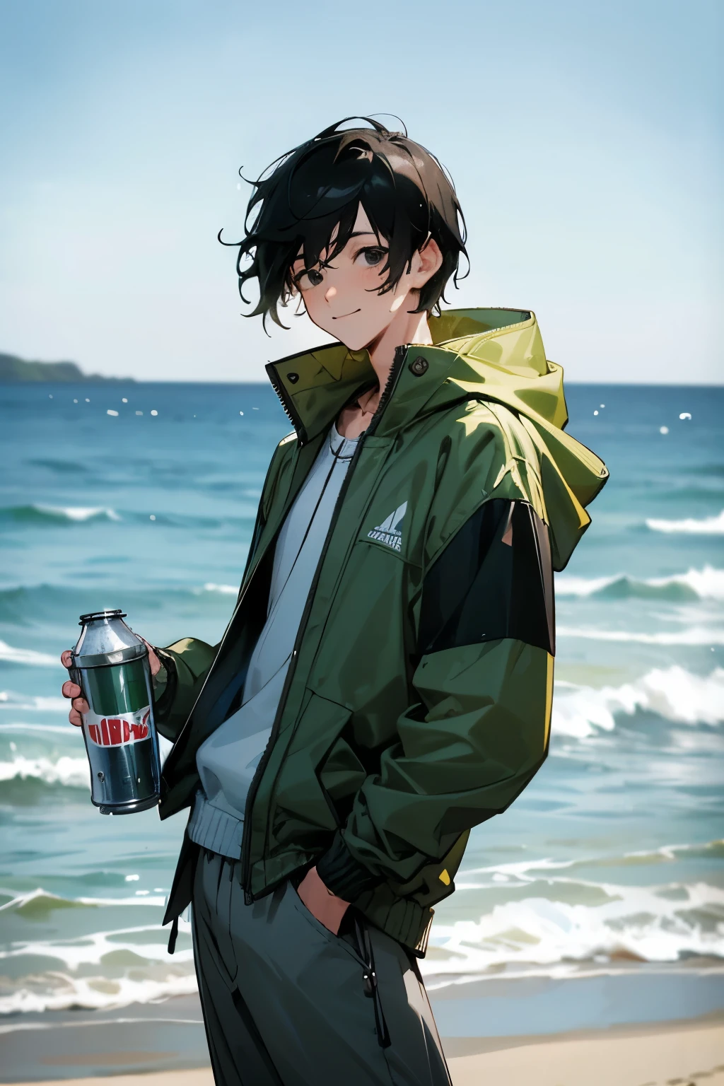 An adult man, short black hair, black eyes, wearing beach clothes, a green jacket, rolled up gray pants, posing while drinking (holding) a canned drink, with a beach background, a happy facial expression, his clothes slightly wet due to the sea waves, (the camera looks slightly blurry due to water splashes).