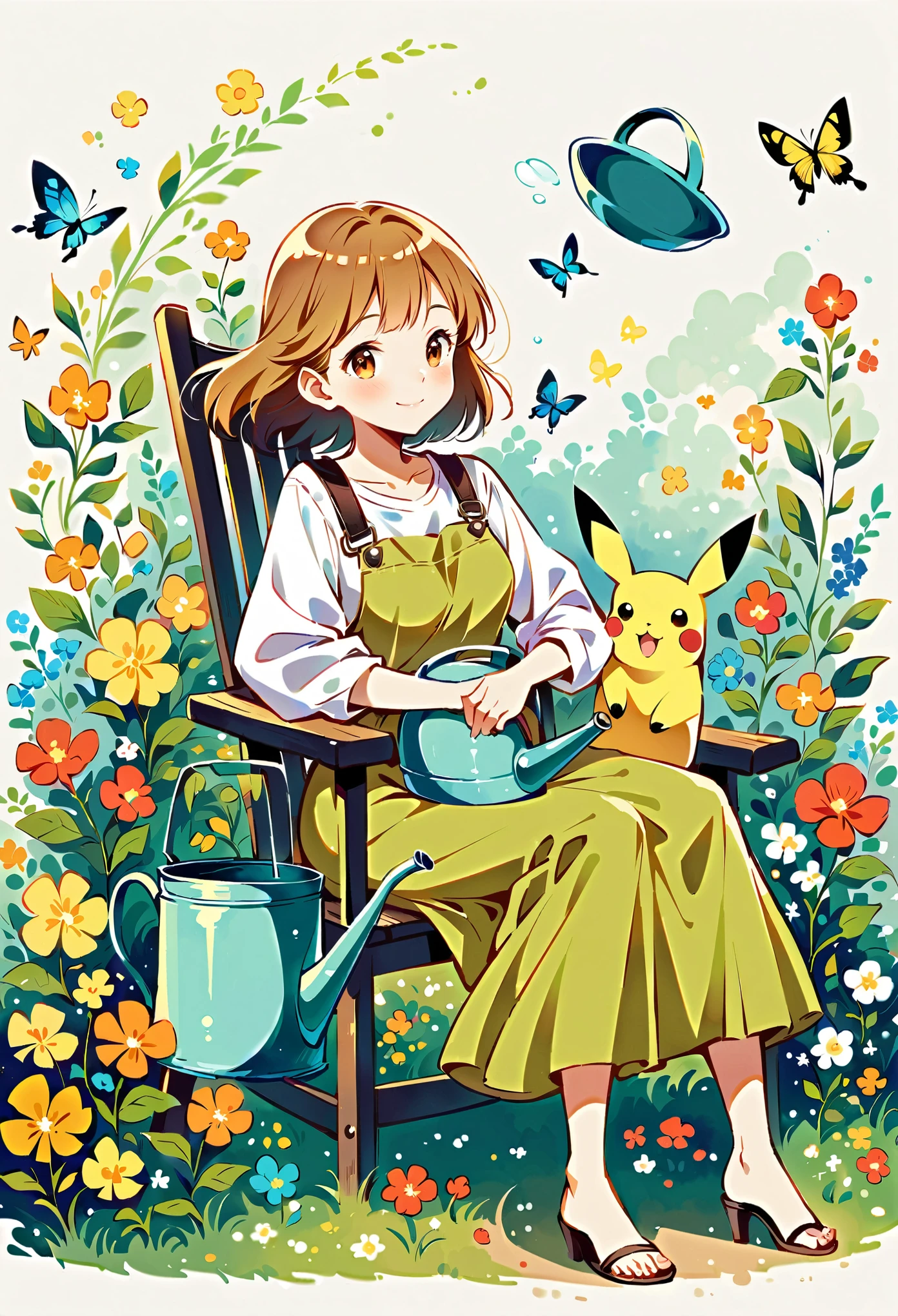 Draw a delightful illustration of Pikachu relaxing in a garden chair. Pikachu should be surrounded by blooming flowers and greenery, sitting comfortably with a smile. Include details like a watering can, garden tools, and butterflies flying around. The overall vibe should be fresh and lively.