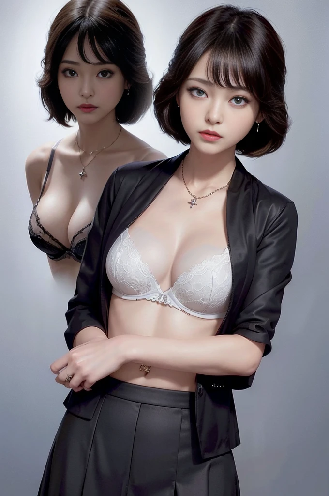 skirt-suit,(slendr:1.4),jacket,(make up:1.6),Necklaces, rings, earrings, watches, jewellery,lady,realistic,(ultra quality:1.2),japanese,high quality,masterpiece,(ultra detailed:1.4),japanese girl,beautiful face,(real bra:1.4), office, Japanese, suitcase.(slender legs:1.3),real background,