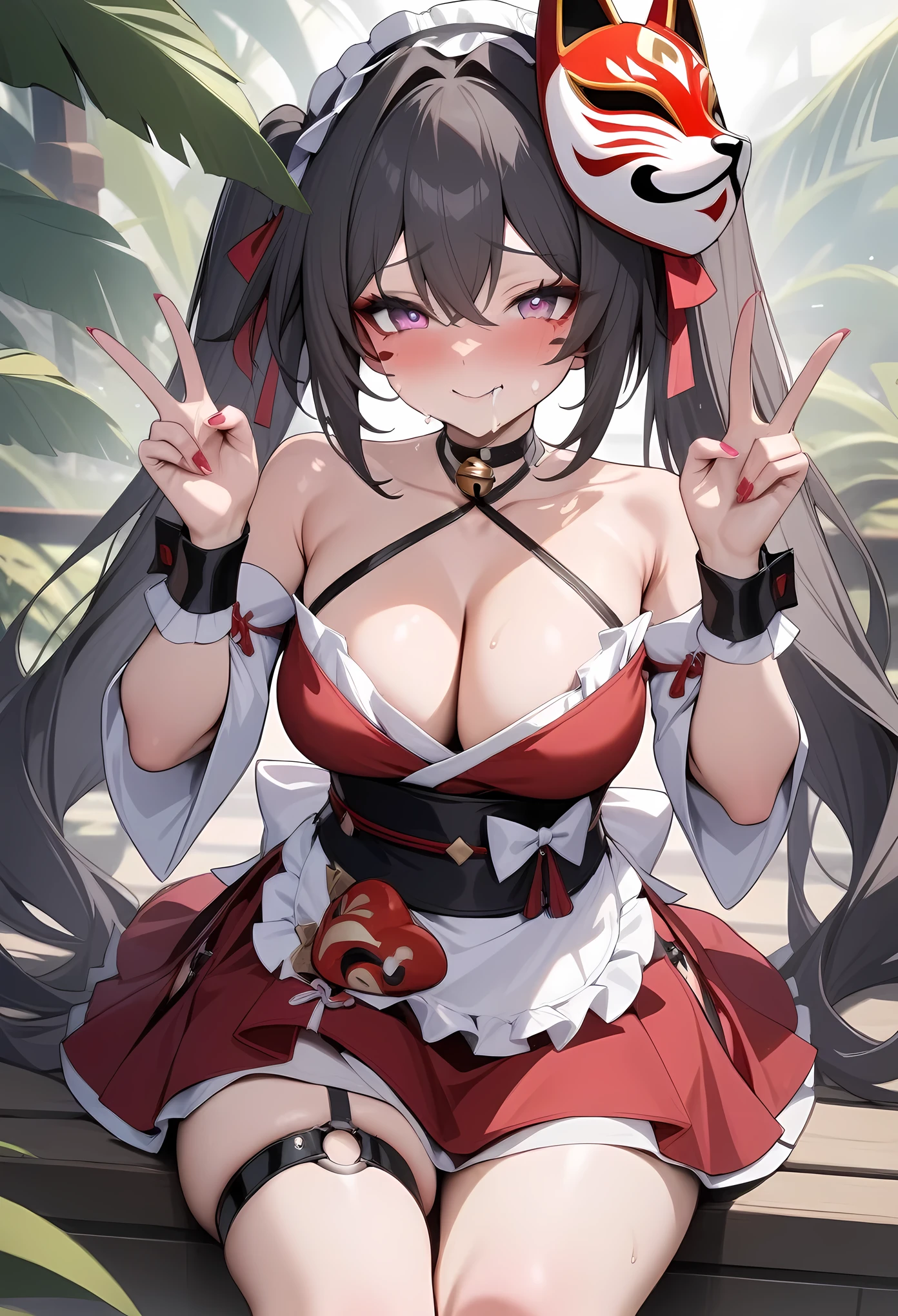 masterpiece, best quality, very aesthetic, absurdres, newest,1girl,upper body,Condom in mouth, double V gesture,blush,tear in eyes,white_sweat in face,embarrassed,cum on face,semen on face,,sparkle_(honkai:_star_rail), honkai:_star_rail, honkai_(series), 1girl, apron, bare_shoulders, barefoot, bell, black_choker, black_hair, black_sash, breasts, choker, cleavage, criss-cross_halter, detached_sleeves, dorsiflexion, dress, eyeshadow, facial_mark, feet, fox_mask, frilled_apron, frilled_hairband, frills, hairband, halterneck, jingle_bell, legs, long_hair,makeup, mask, mask_on_head, medium_breasts, nail_polish, neck_bell, o-ring, obi, pink_eyes, red_dress, sash, thigh_strap, thighs, toenail_polish, toenails, toes, twintails, very_long_hair, waist_apron, wrist_cuffs, looking_at_viewer, smile,in a botanical garden