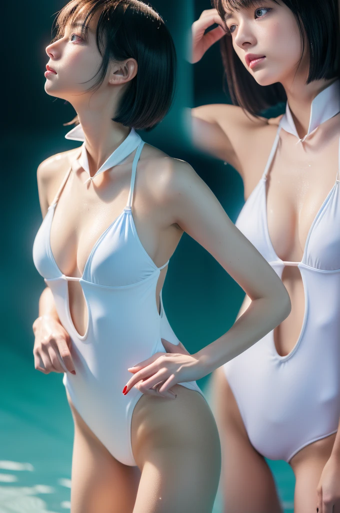 (masterpiece, Highest quality, Super detailed, 8K, wallpaper, Realistic), ((Perfect hands)), ((Perfect Anatomy)), Medium cleavage, Long, round legs, Round ass, ((Attractive anime girl)), ((Rei Ayanami)), ((Capturing her ethereal beauty with pale wet skin, Wet short indigo hair)), ((Bright crimson eyes with a mysterious depth)), ((Pale blue or white one-piece swimsuit, Swimwear should be simple and elegant, With a high neckline and a discreet yet flattering cut, NERV logo and、Evangelion-themed designs, etc.、Subtle details can be incorporated as accents, To pay tribute to her character)), ((Close-up shot, Side view)), ((Dynamic Background)), ((Sensual pose))