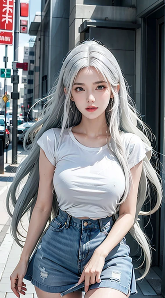 photorealistic, high resolution, soft lights, 1women, solo, hips up, Green eyes, white hair, long hair, blue eyes, red lips, jewelry, street wear, t-shirt, skirt, Sexy