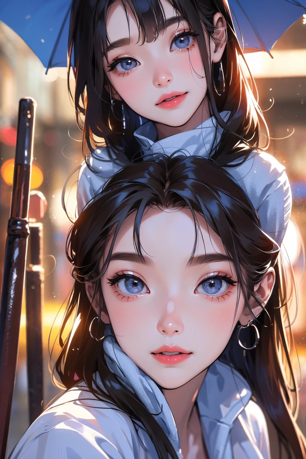 Photorealistic、Highest quality、Highest Resolution、Highest quality、８Ｋ、1人のBeautiful woman、Beautiful woman、Beautiful woman、Being outside、rain、umbrella、