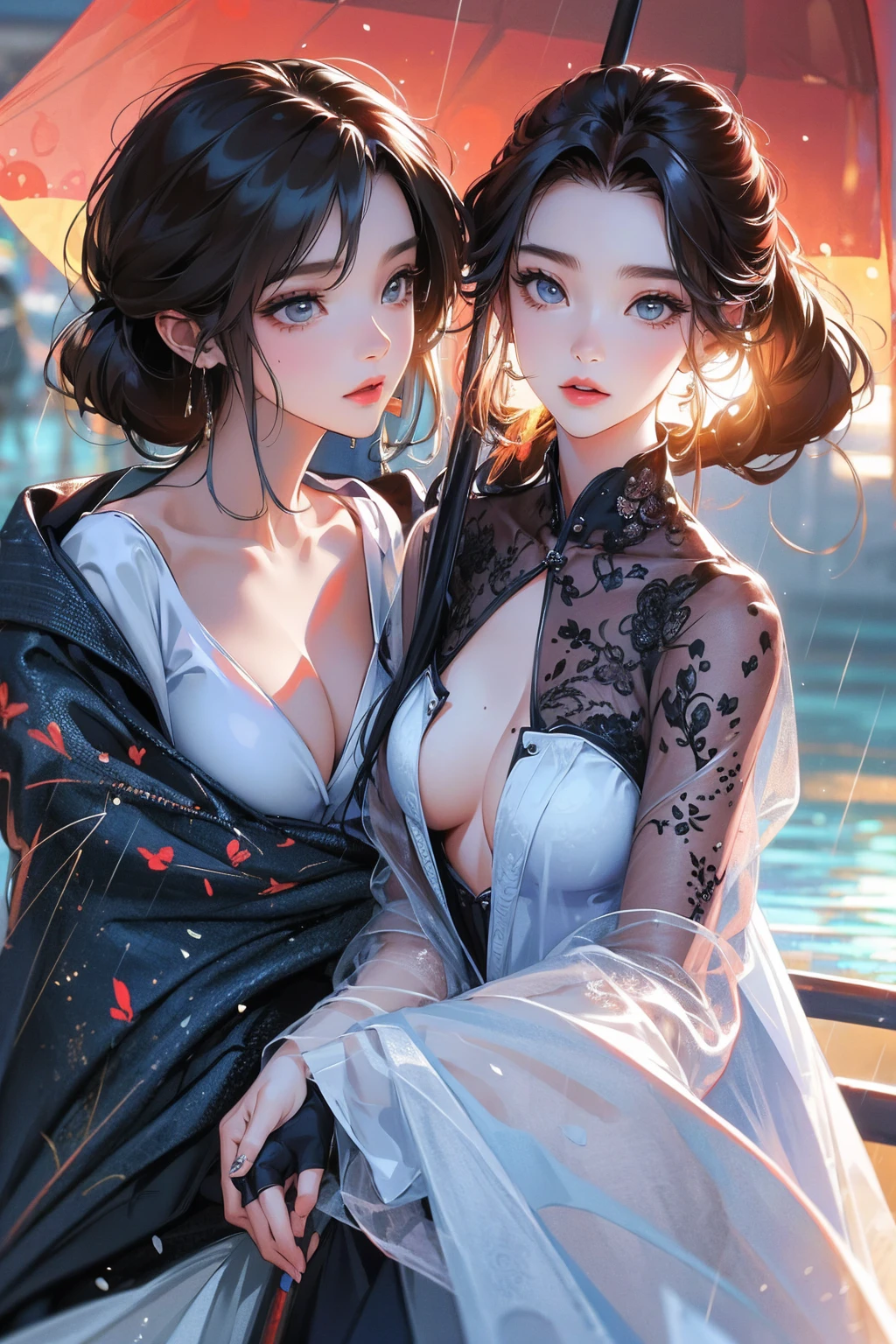 Photorealistic、Highest quality、Highest Resolution、Highest quality、８Ｋ、1人のBeautiful woman、Beautiful woman、Beautiful woman、Being outside、rain、umbrella、