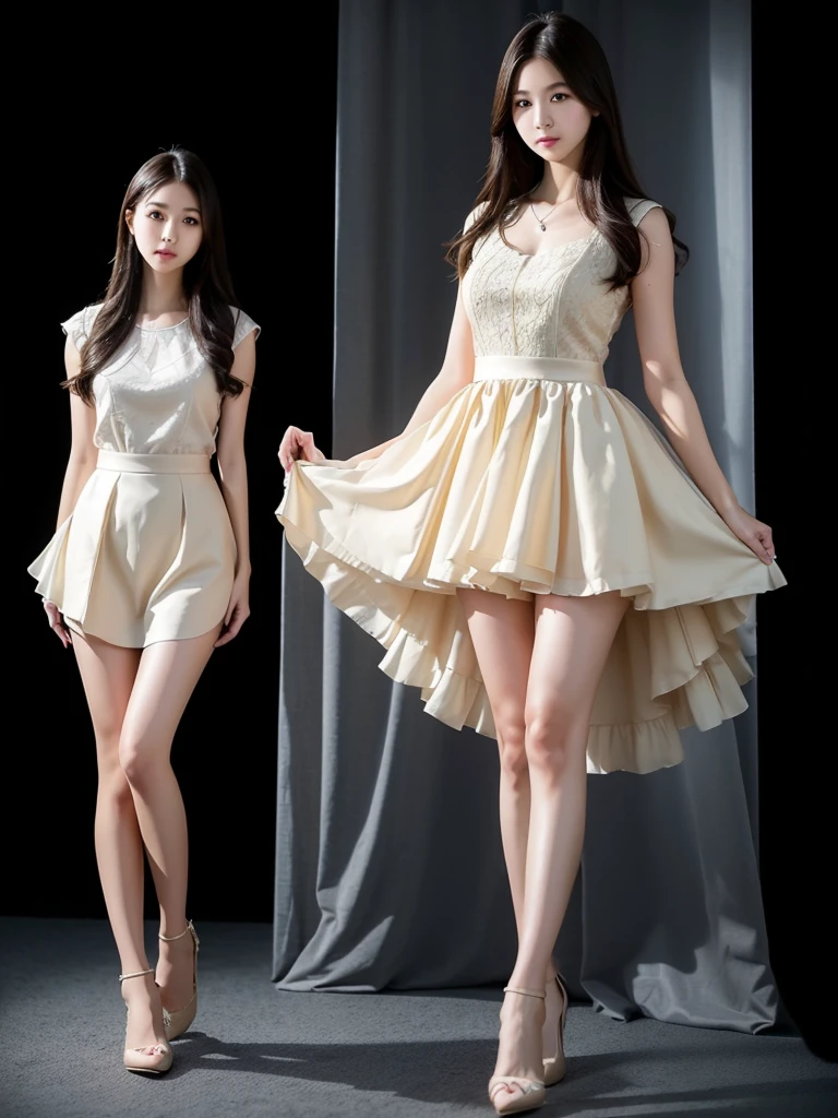 ((Full body:1.2,Voyeur from the side:1.2,from a distance:1.2)),3 Japanese girls,(kneeling),(arms behind back),blushing and embarrassed face,summer casual style,See-through white blouse,See-through white flare skirt,white choker,See-through white Panty,white high heels,slim body shape,from below,realistic,best quality,ultra-detailed,high resolution,beautiful white skin,looking at another,flooring room