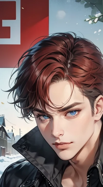 masterpiece, best quality, realistic, 1man, mature male, quiet and charming  man, 35 years old, close his eyes, serious, closed mouth, extremely detailed face, cold, ((dark grey blue eyes)), ((short-right-swept dark red hair)), [thick eyebrows], ((hunter)), accurate, detailed, ((town))