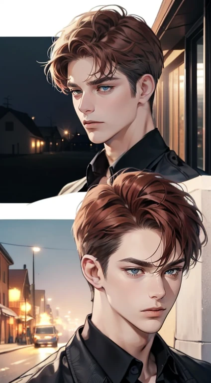 masterpiece, best quality, realistic, 1man, mature male, quiet and charming  man, 35 years old, close his eyes, serious, closed mouth, extremely detailed face, cold, ((dark grey blue eyes)), ((short-right-swept dark red hair)), [thick eyebrows], ((hunter)), accurate, detailed, ((town))