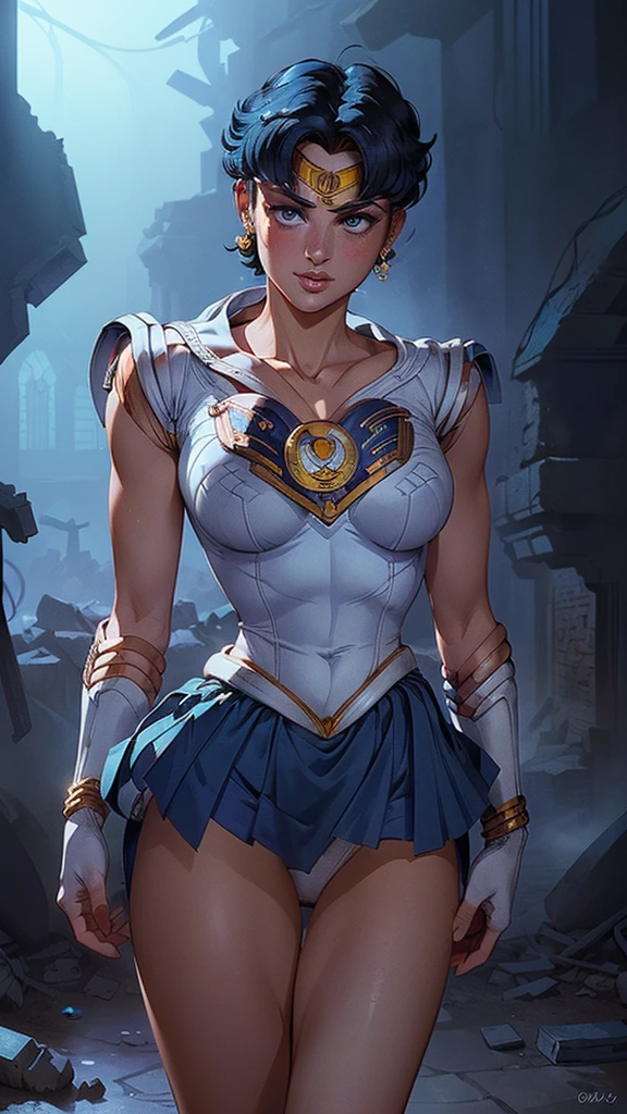 (La Best Quality,A high resolution,Ultra - detailed,actual),Selena Gomez in sailor moon mercury, ,(Ruined dungeon ruins background:1.4 ). ( SPARKLE; Glitter, (skirt lifted by itself: 1.1), (skirt lift: 1.3), (showing white panties: 1.3), More detailed 8K.unreal engine:1.4,UHD,La Best Quality:1.4, photorealistic:1.4, skin texture:1.4, masterpiece:1.8,first work, Best Quality,object object], (detailed face features:1.3),(The correct proportions),(Beautiful blue eyes),  (cowboy pose), ,(Ruined dungeon ruins background:1.4 ), (skirt lifted by itself: 1.1), (skirt lift: 1.3), (showing white panties: 1.3),( cinematic lighting :1.4), (bright colors), (Selena Gomez :1.4),( Selena Gomez V2.1), (perfect fingers :1.4), (perfect anatomy :1.4),( sailor moon mercury :1.4), (sailor moon mercurio V2.1), (face detailed :1.4) 