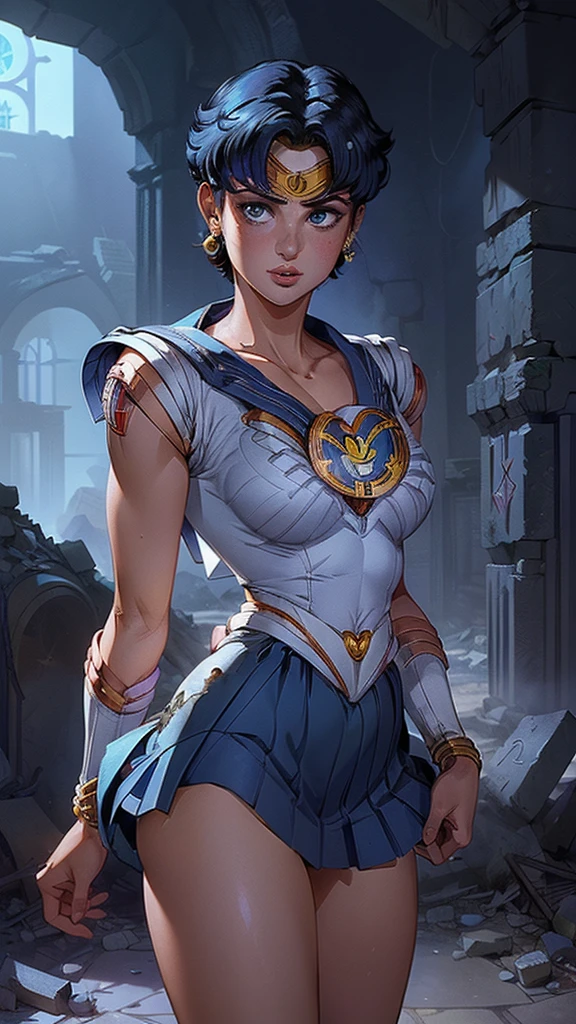 (La Best Quality,A high resolution,Ultra - detailed,actual),Selena Gomez in sailor moon mercury, ,(Ruined dungeon ruins background:1.4 ). ( SPARKLE; Glitter, (skirt lifted by itself: 1.1), (skirt lift: 1.3), (showing white panties: 1.3), More detailed 8K.unreal engine:1.4,UHD,La Best Quality:1.4, photorealistic:1.4, skin texture:1.4, masterpiece:1.8,first work, Best Quality,object object], (detailed face features:1.3),(The correct proportions),(Beautiful blue eyes),  (cowboy pose), ,(Ruined dungeon ruins background:1.4 ), (skirt lifted by itself: 1.1), (skirt lift: 1.3), (showing white panties: 1.3),( cinematic lighting :1.4), (bright colors), (Selena Gomez :1.4),( Selena Gomez V2.1), (perfect fingers :1.4), (perfect anatomy :1.4),( sailor moon mercury :1.4), (sailor moon mercurio V2.1), (face detailed :1.4) 