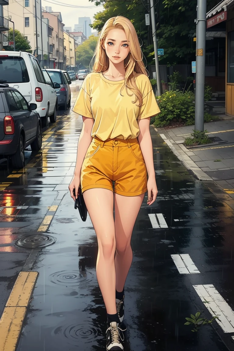 1 female, medium long blonde hair, wearing yellow shirt, black short mini pants, black shoes, fullbody shot, walking in the rain, at the side roads, smiling, people's watching her, all eyes on her, oda non, 