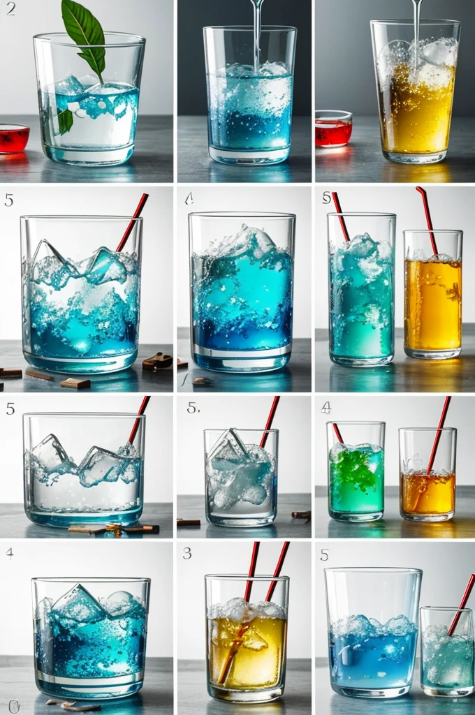 Create a collage of images about the following chemistry topics: law of conservation of mass and the physical or chemical changes that can occur, This collage also includes an image of a glass with water and ice and a test tube with sugar..