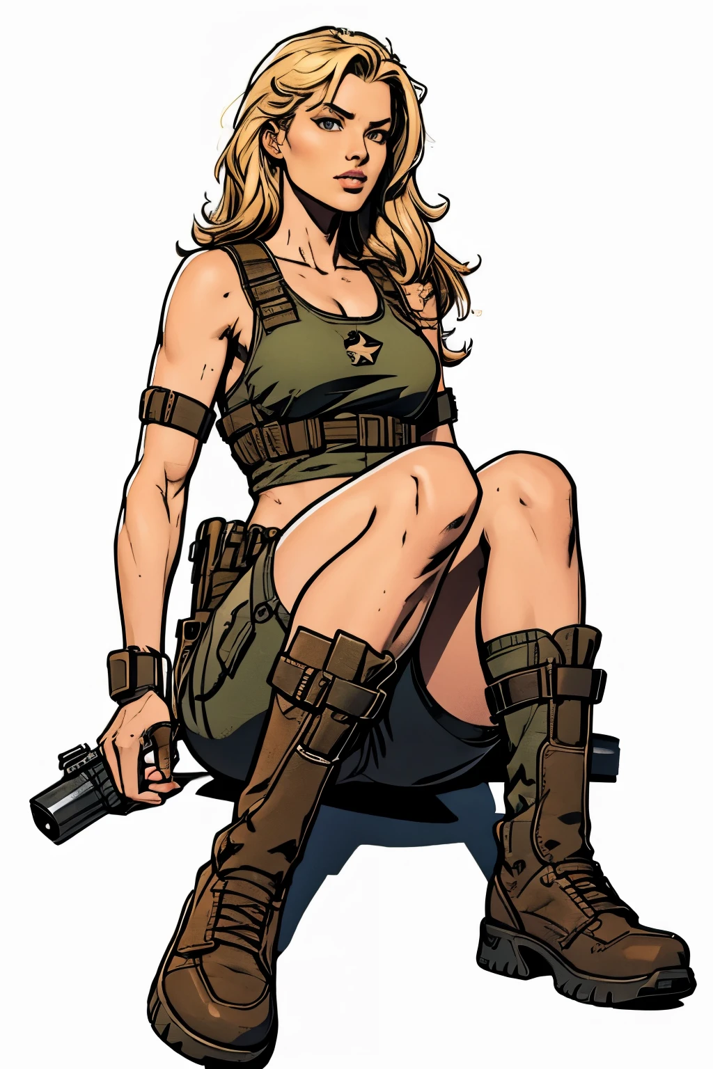Best quality,masterpiece,ultra high res,(photorealistic:1.4)1girl,white background,solo,blood,arm guards,simple background,male focus,looking at viewer,black eyes,tabi,floating hairfull body,, (gun:1.3), holding gun, dirty blonde,,upper body,cargo shorts,sitting,