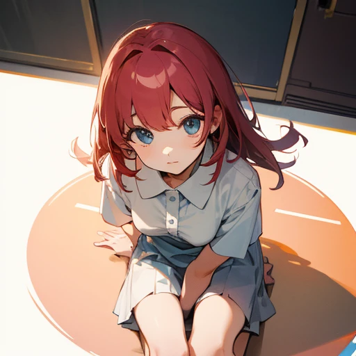 、Short sleeve white blouse、Open collar、skirt、Sitting on the floor、Composition from above