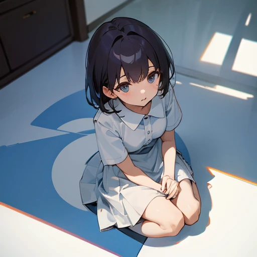 、Short sleeve white blouse、Open collar、skirt、Sitting on the floor、Composition from above