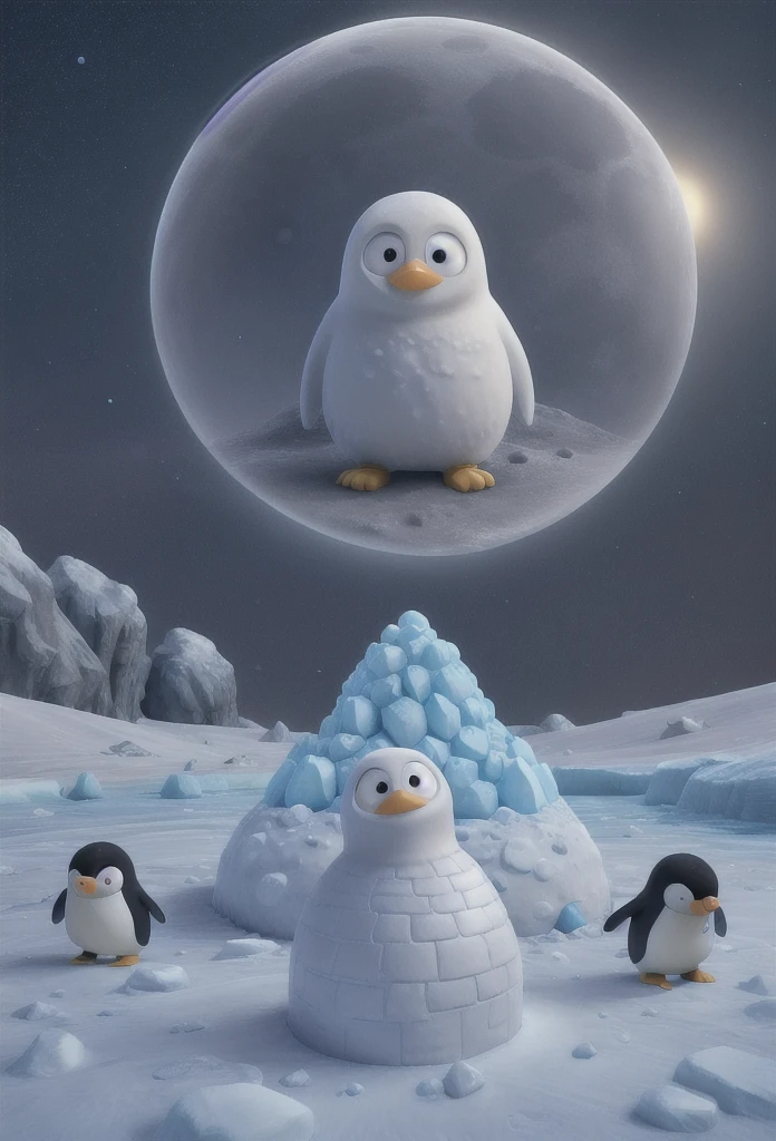 Penguins on moon, igloo in background