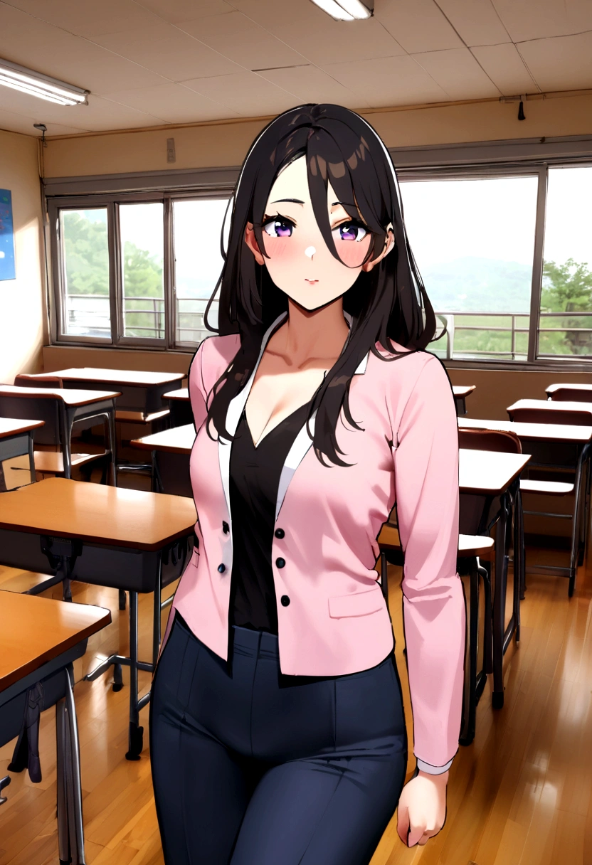 (masterpiece:1.2, Top quality), (Practical, photoPractical:1.4), Nice illustration, (Natural side light, Movie Lighting), National Foundation,
Looking at the audience, Cowboy shooting, Front view:0.6, 1 girl, Japanese, teacher, Perfect face, Cute and symmetrical face, Glowing skin,
(Long hair:1.2, Ponytail:1.2, forehead, Side lock, Light brown hair), Purple Eyes, Eyelash extension, (Large Breasts:0.8),
beautiful hair, Pretty Face, Beautiful and delicate eyes, Beautiful clavicle, Beautiful Body, Beautiful breasts, Beautiful thighs, Beautiful legs, Beautiful fingers,
((Detailed fabric texture, (Dark grey business suit jacket, Dark gray pencil skirt), Lavender Turtleneck, High heel), Traveler glasses),
(Beautiful scenery), night, classroom, School, permanent, (beautiful, Smile, Upper Eye),