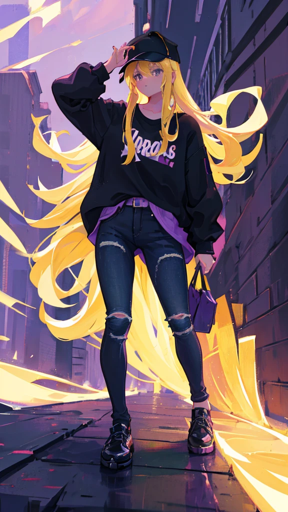 Girl with long blonde hair wearing a black cap, a purple shirt, black jeans and black shoes