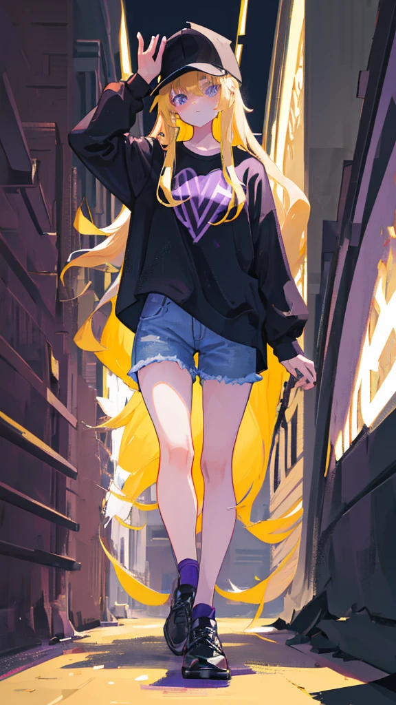 Girl with long blonde hair wearing a black cap, a purple shirt, black jeans and black shoes
