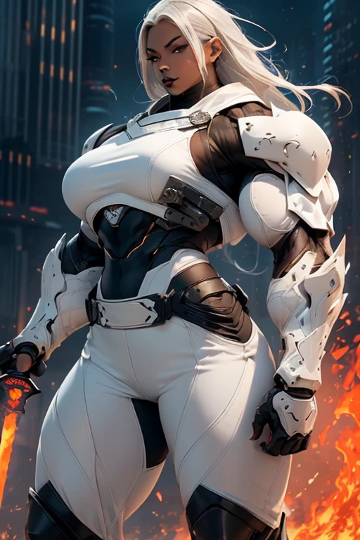 ((((Massive, beautiful, buff, muscular light brown skinned female ninja with white hair, black lipstick, ginormous bulky muscles, holding a white fire sword and wearing an a white cybernetic ninja armor with pants)))), {close view}, black eyeliner, massive muscles, large breast, massive biceps, hyper muscle triceps, (long straight hair), blue eyes, mask, ninja boots, In a futuristic city, steel ninja armor, nighttime, closed smile, hyper muscles arms, hyper muscle legs, ginormous arms