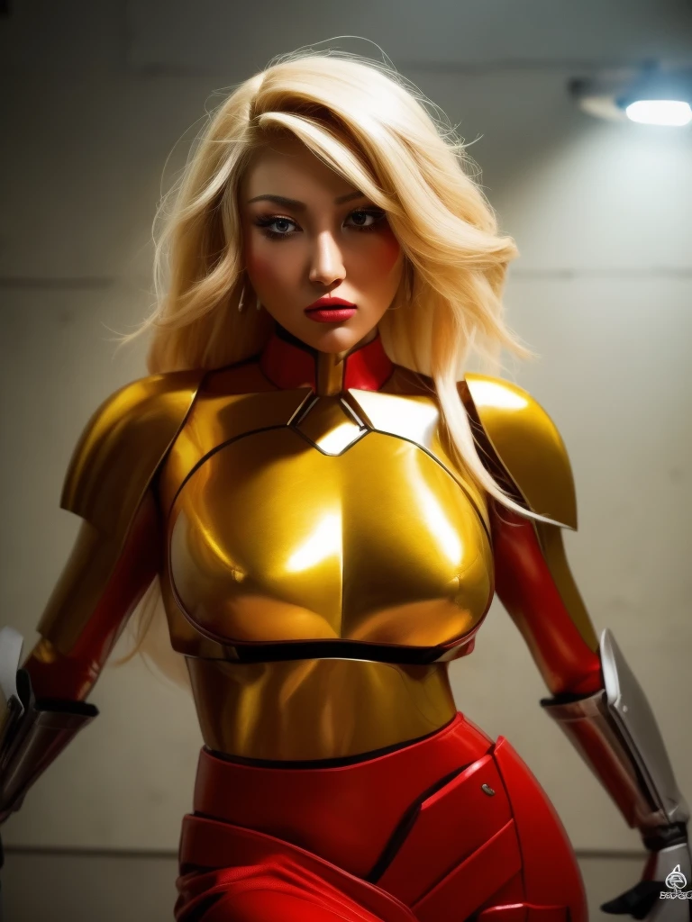 Human face, A beautiful young woman with blond hair, green background, hyper realistic photography, high-definition photos, red lipsticks, Mandalorian style metal armor skirt suit, big eyes, flawless skin, full figure, cinematic lighting, dramatic composition, masterpiece, 8k, photorealistic, cinematic, detailed face, detailed eyes, detailed lips, detailed skin, elegant, graceful, serene expression, dramatic lighting, volumetric lighting, cinematic camera angle, cinematic pose, hyper detailed