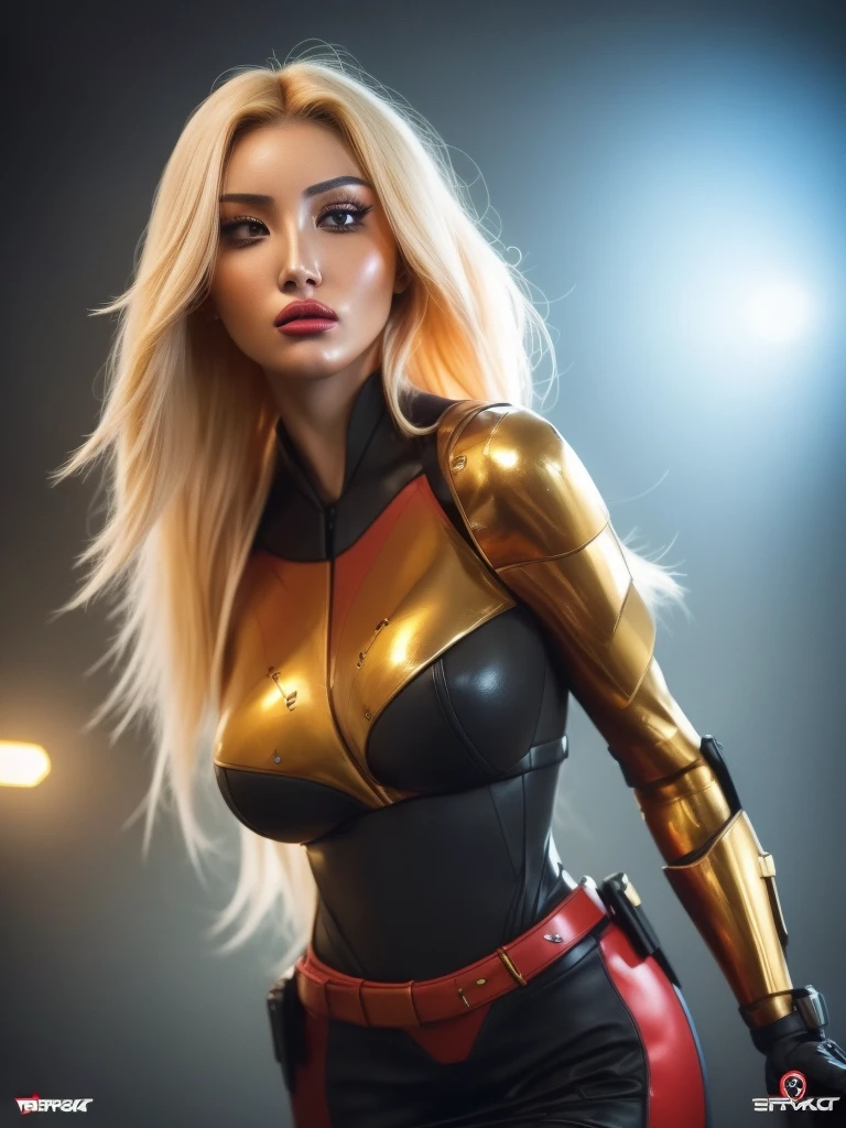 Human face, A beautiful young woman with blond hair, green background, hyper realistic photography, high-definition photos, red lipsticks, Mandalorian style metal armor skirt suit, big eyes, flawless skin, full figure, cinematic lighting, dramatic composition, masterpiece, 8k, photorealistic, cinematic, detailed face, detailed eyes, detailed lips, detailed skin, elegant, graceful, serene expression, dramatic lighting, volumetric lighting, cinematic camera angle, cinematic pose, hyper detailed