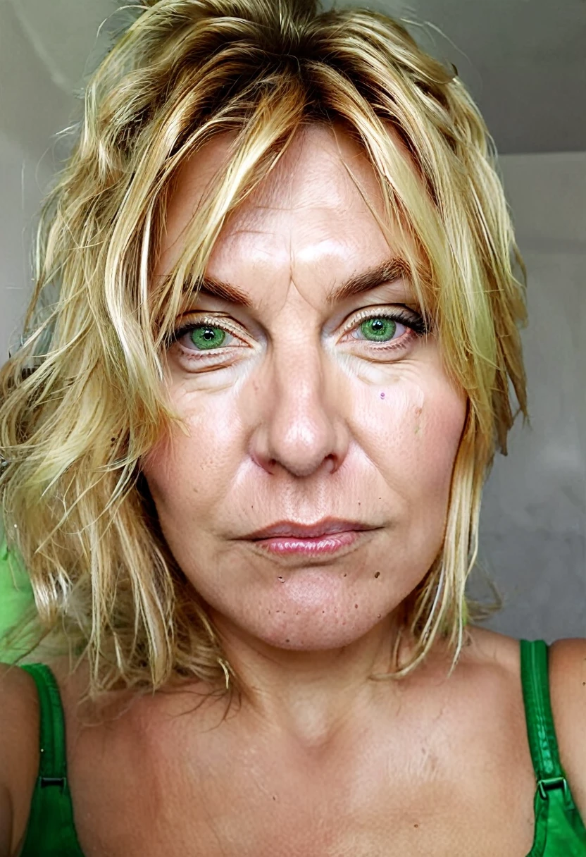 woman 45 years old, messy blonde hair, with open pores, wrinkles, greeneyes, big face and full lips, bushy eyebrows, is looking straight into the camera, with a welcoming look, , homemade looking photo, no effects and shine, must look like a real person, cell phone selfie photo, must have background image, whether the fourth,