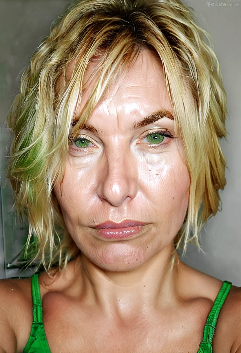 woman 45 years old, messy blonde hair, with open pores, wrinkles, greeneyes, big face and full lips, bushy eyebrows, is looking straight into the camera, with a welcoming look, , homemade looking photo, no effects and shine, must look like a real person, cell phone selfie photo, must have background image, whether the fourth,