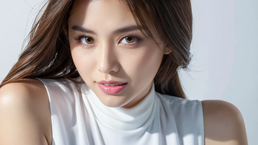 (detailed face),VIVID,normal breasts,pretty,sleeveless and turtle neck white silky clothes,4k ,super high resolution ,(photo-realistic: 1.7),white background,long hair,