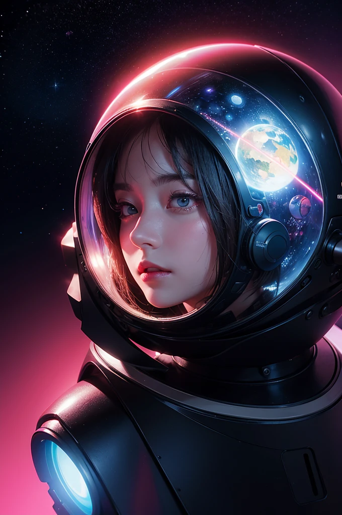 An astronaut holding a planet,close up,Glowing fluorescent feeling,Transparency,dream,Monet's color scheme,by James Turrell James Turrell,Texture Matte,high quality,High Definition,Rose red,blue,Neon light,black background,