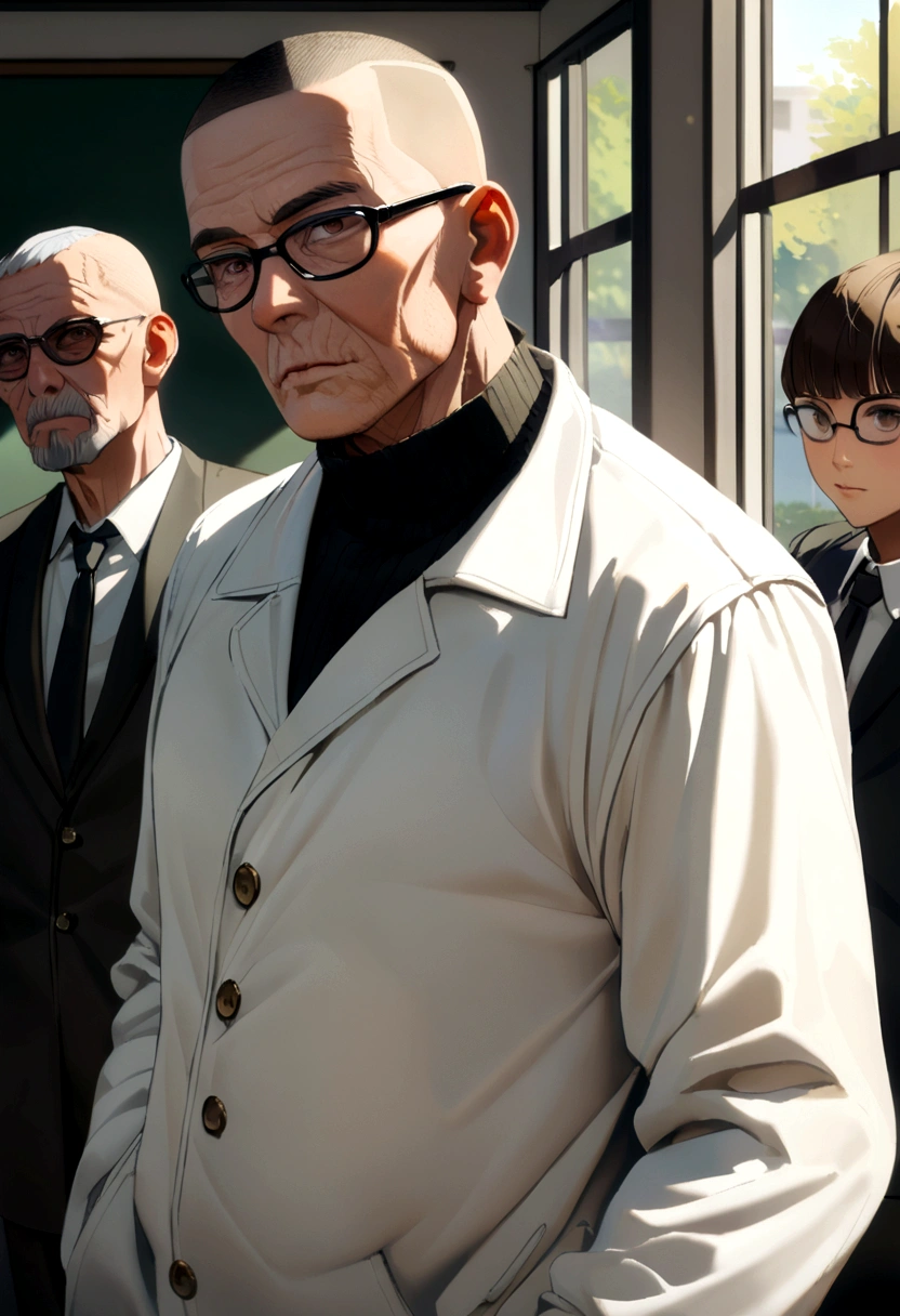 60 year old man with crew cut, brown eyes, black glasses, black high collar long sleeve shirt, white jacket, at school