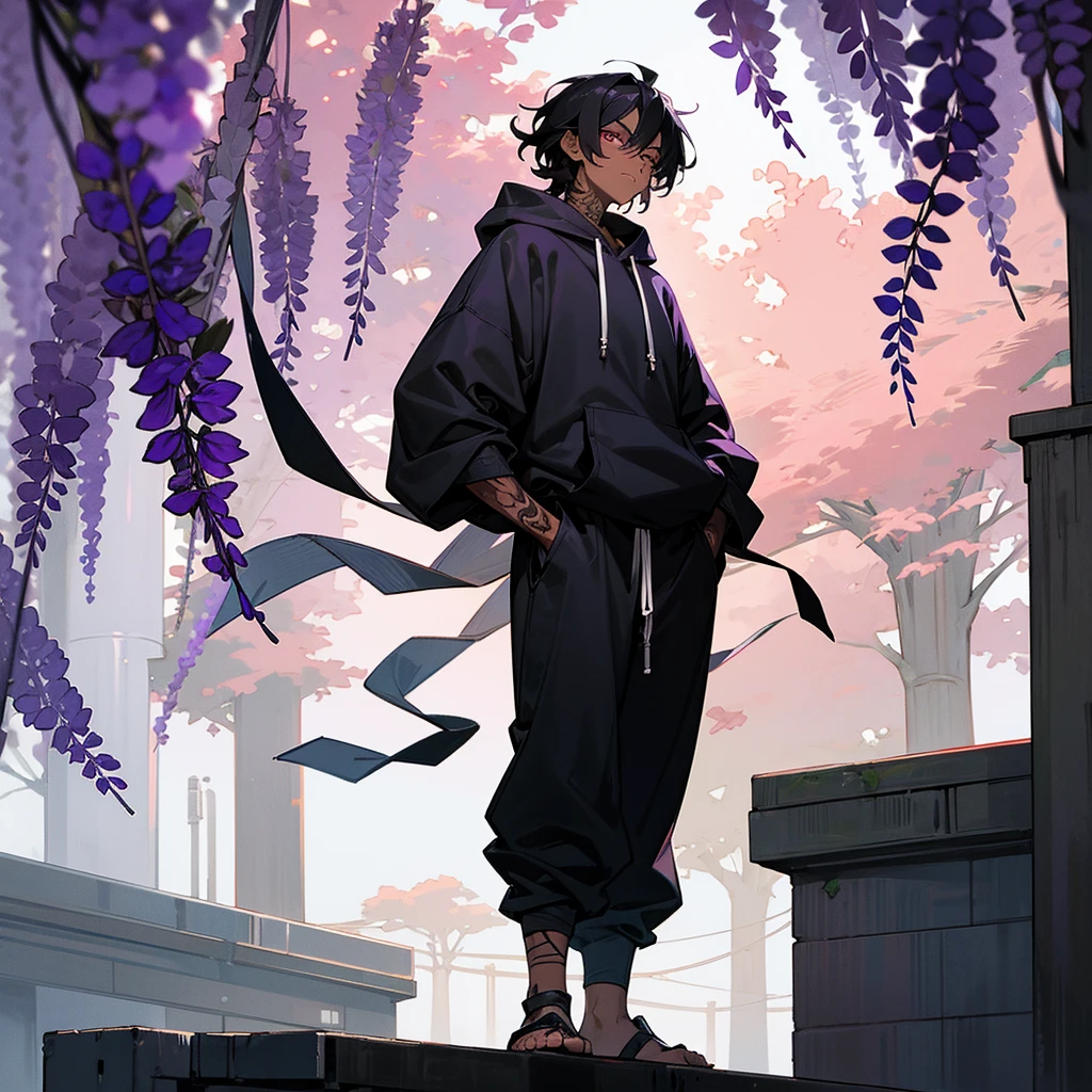 1male, young adult, dark skin, finely detailed plum eyes, wild medium hair, black hair color, oversized hoodie, baggy pants, standing on building, day time, tokyo streets, somber expression, muscular, tattoos, wisteria flowers, scars
