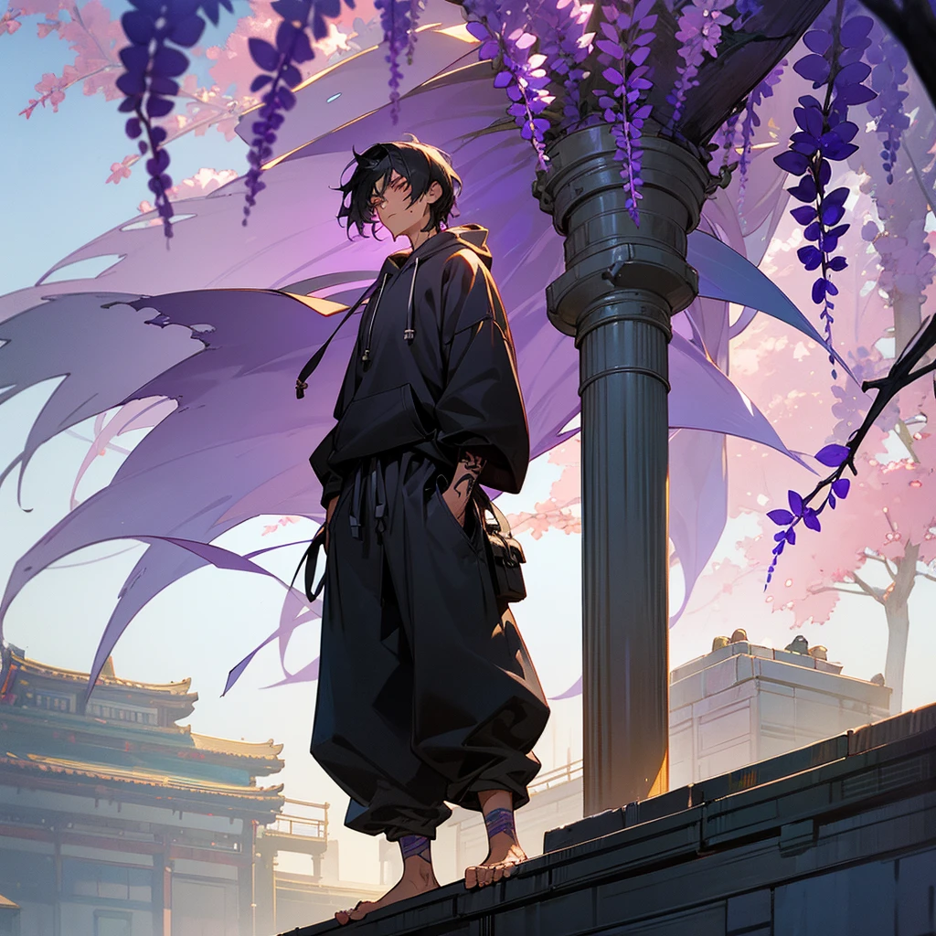 1male, young adult, dark skin, finely detailed plum eyes, wild medium hair, black hair color, oversized hoodie, baggy pants, standing on building, day time, tokyo streets, somber expression, muscular, tattoos, wisteria flowers, scars