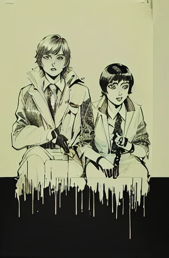 there are two people that are sitting down with a knife, pulp comic style, movie illustration, pulp character portrait, fan art, drawn in a neo - noir style, pixivs and junji ito, 2d, 2 d, pulp illustration, medium shot of two characters, pulp scifi illustration, promotional artwork, high contrast illustration, hq artwork, crepax