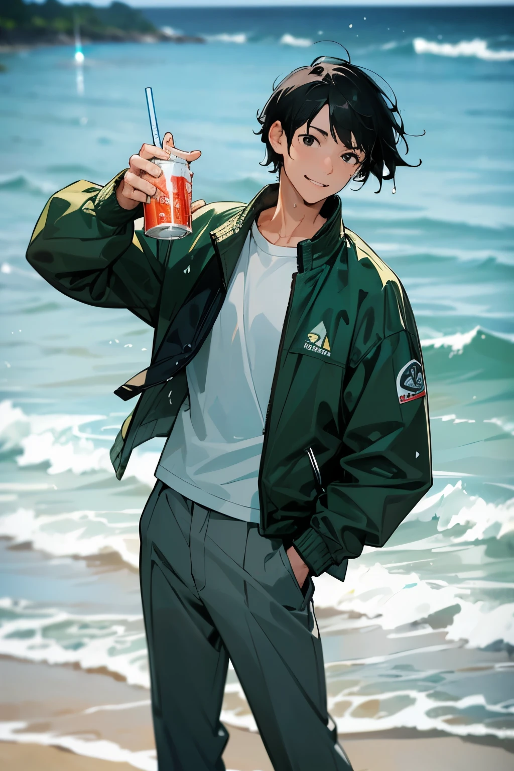 An adult man, short black hair, black eyes, wearing beach clothes, a green jacket, rolled up gray pants, posing while drinking (holding) a canned drink, with a beach background, a happy facial expression, his clothes slightly wet due to the sea waves, (the camera looks slightly blurry due to water splashes).